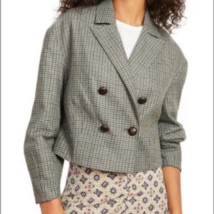 Veronica Beard Sybille Cropped Double-Breasted Jacket Sage Houndstooth Size 0